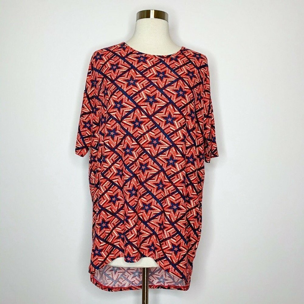 LuLaRoe Irma Tunic Top Women XS Red Blue Star Patriotic‎ Simply Comfortable